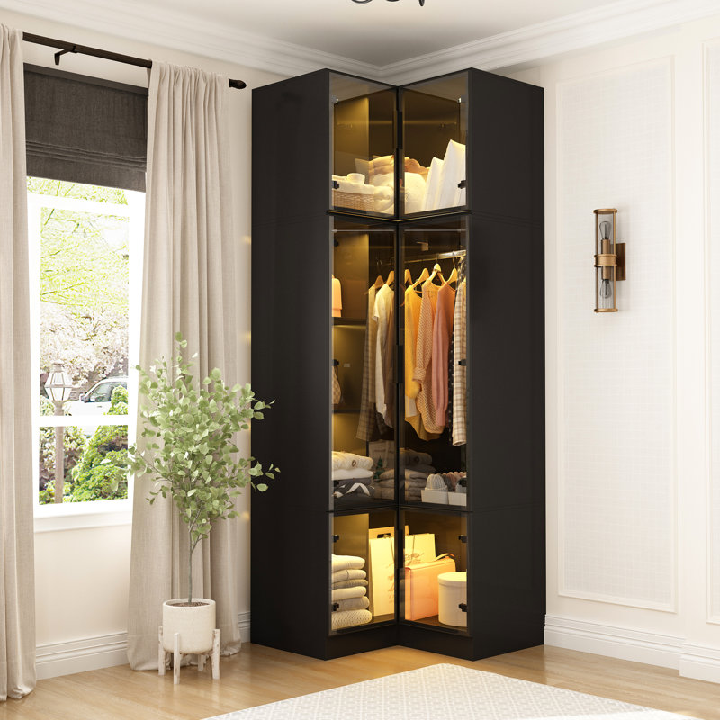 Tempered Glass Door Corner Wardrobe With Top Cabinet And Lights